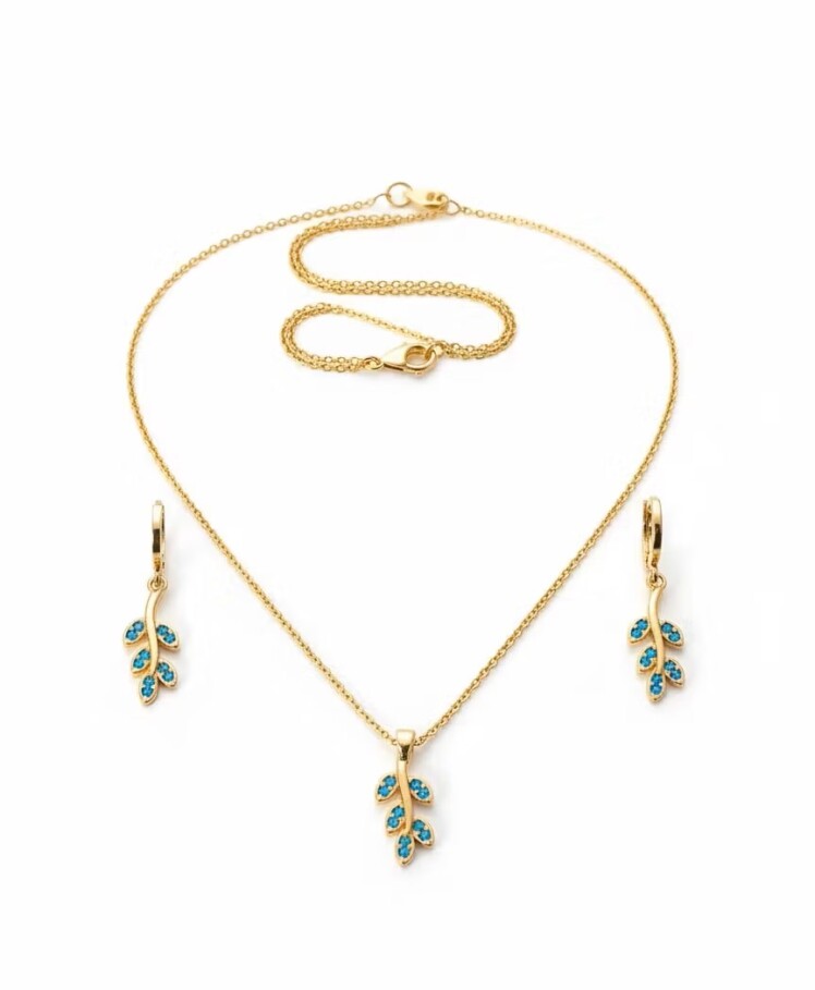 جادوی رنگ در استایل شما؛ خرید نیم ست طرح برگ با نگین آبی خاص