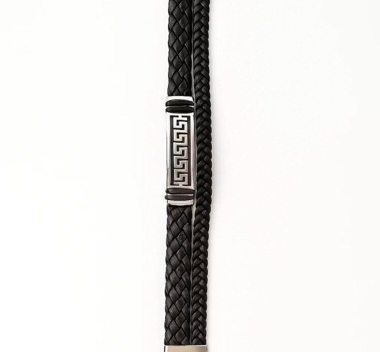 خرید دستبند چرم و استیل طرح ورساچه (یونانی)؛ اکسسوری مدرن مردانه کیموکیا